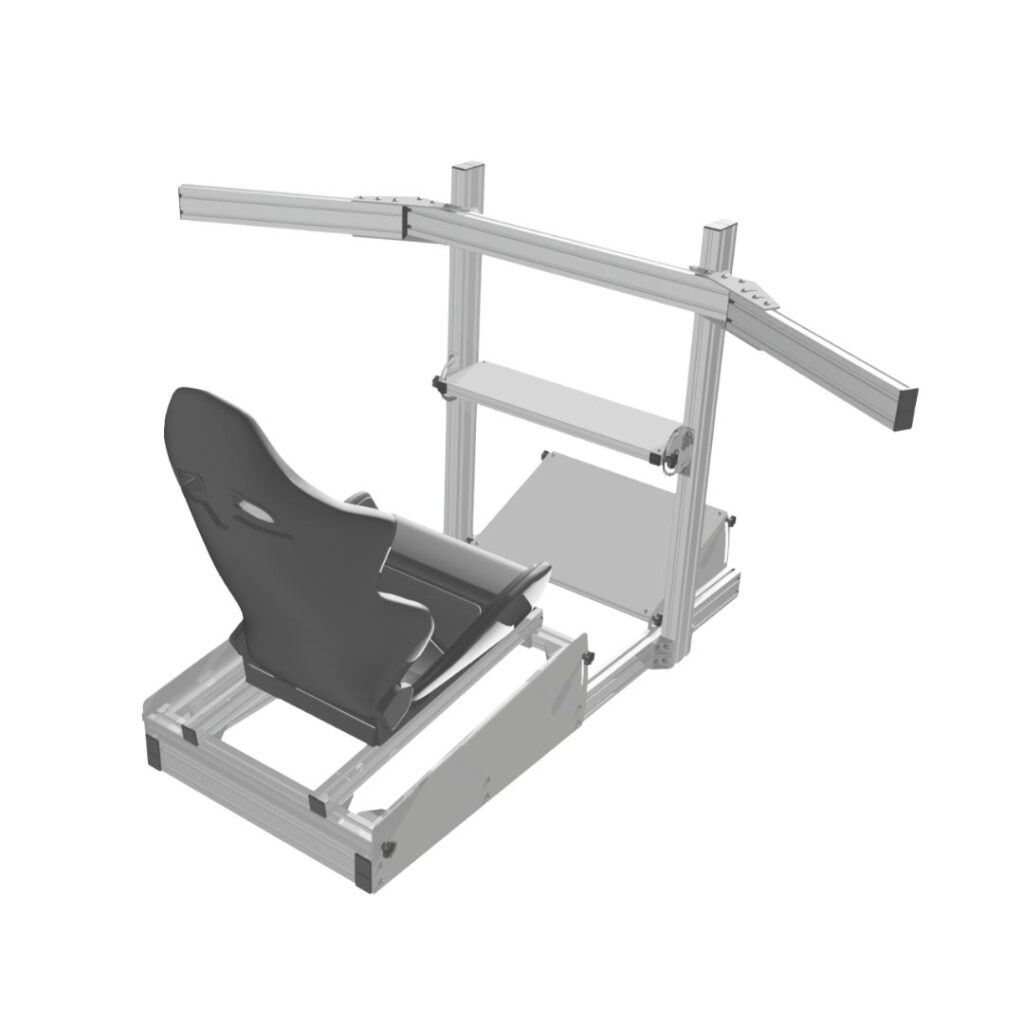 T-slot aluminium DIY sim rig frame with racing seat and curved upper structure for mounting screens.