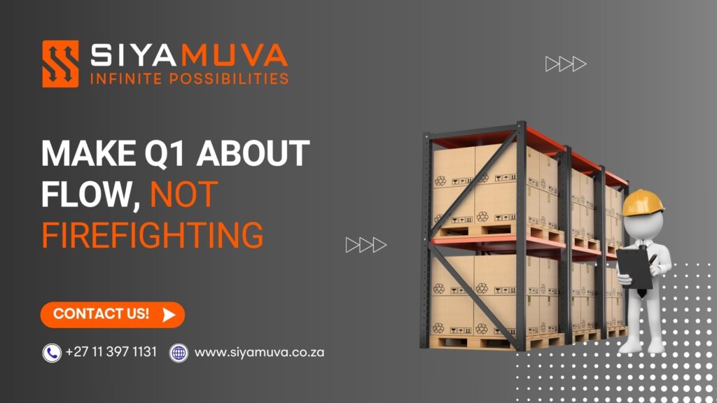 Siyamuva graphic reading “Make Q1 about flow, not firefighting” with warehouse racking and boxes.