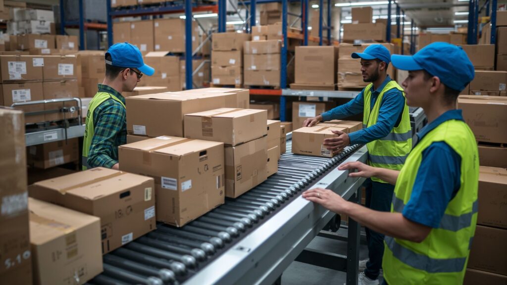 Warehouse team working at a conveyor line with cartons moving through a fulfilment area.