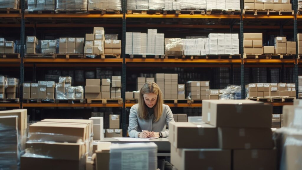 Warehouse staff member working at a desk in front of full racking and stacked cartons.
