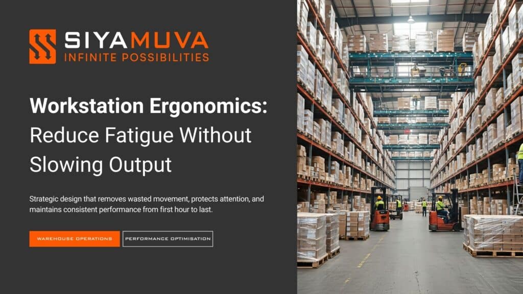 Siyamuva blog cover showing a warehouse aisle, highlighting ergonomic workstations to reduce fatigue without slowing output.