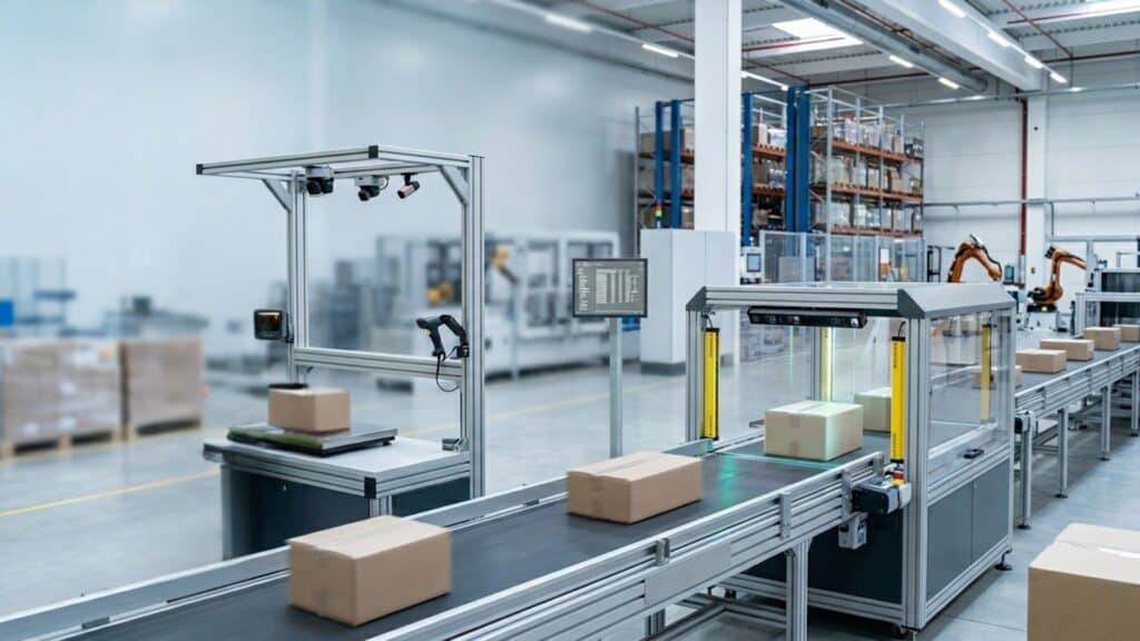 DWS systems for parcel dimensioning, weighing and scanning in a warehouse handling environment