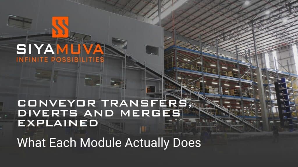 Siyamuva blog cover showing a warehouse conveyor system for an article on conveyor transfers, diverts and merges.