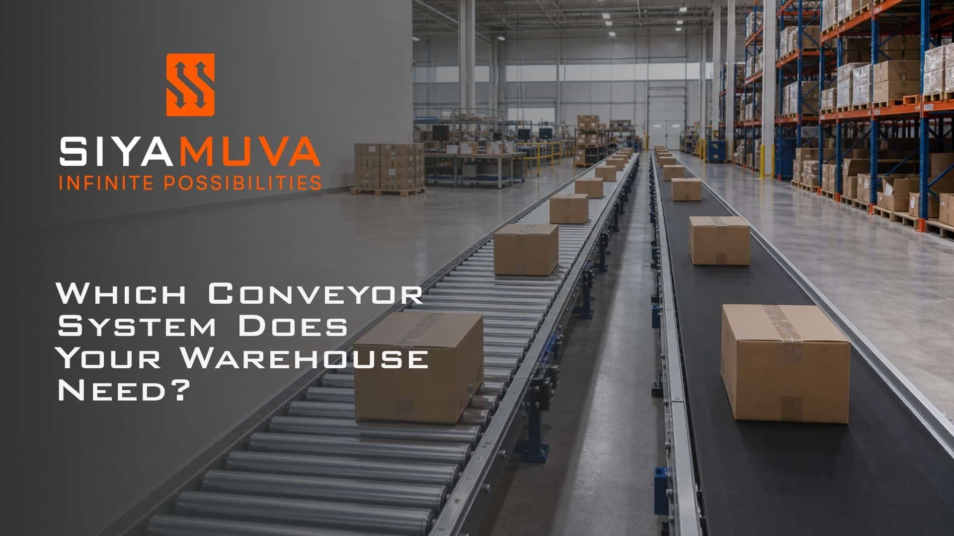 Warehouse conveyor systems with cartons moving on roller and belt conveyors in a distribution facility.